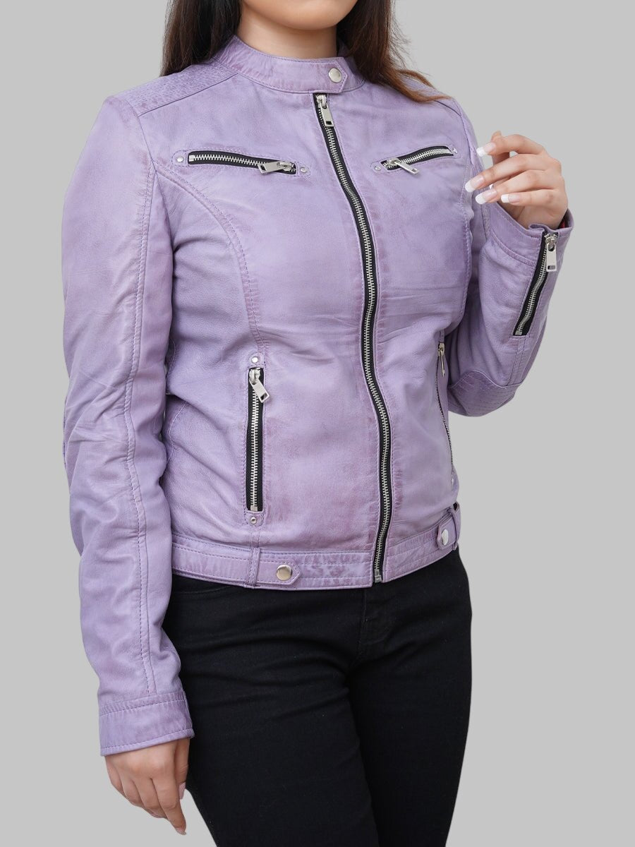 Women Slim Fit Purple Leather Jacket