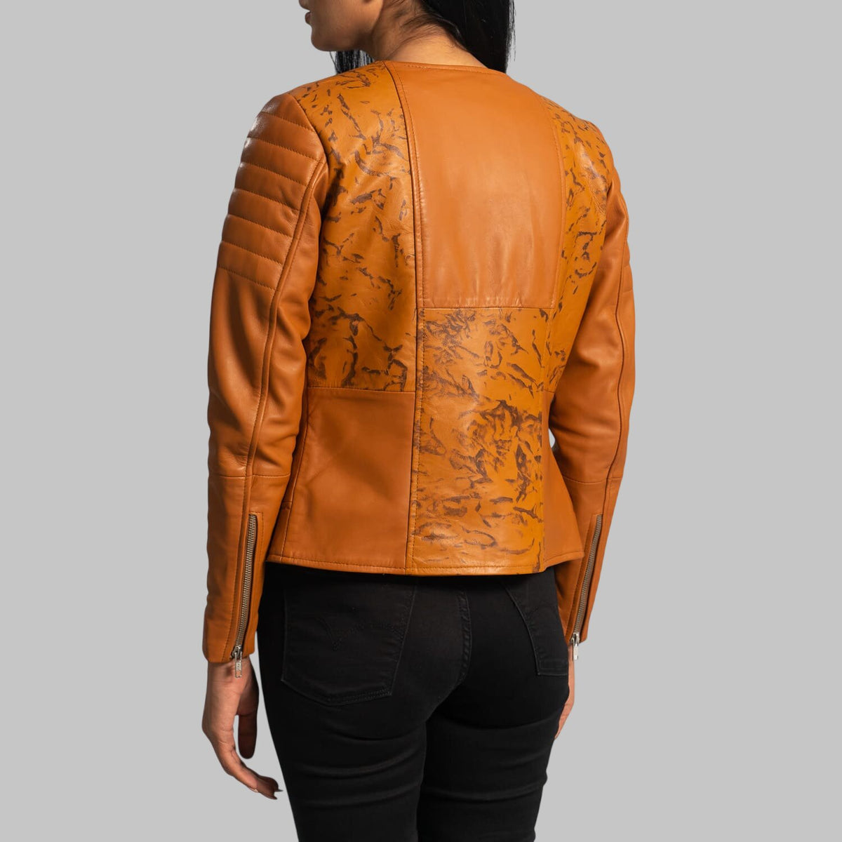 Women's Collarless Marble Print Tan Leather Jacket