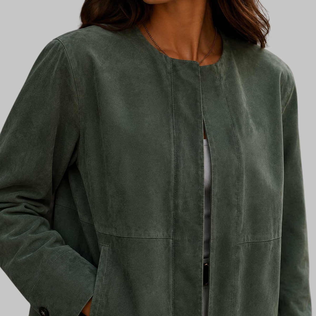 Women's Collarless Sage Green Suede Leather Jacket