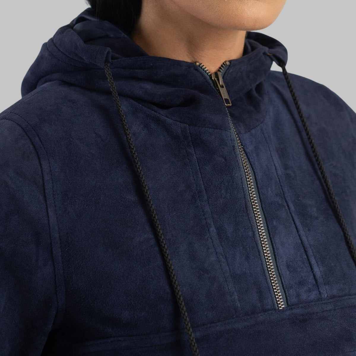 Women's Navy Blue Suede Leather Hooded Pullover Jacket