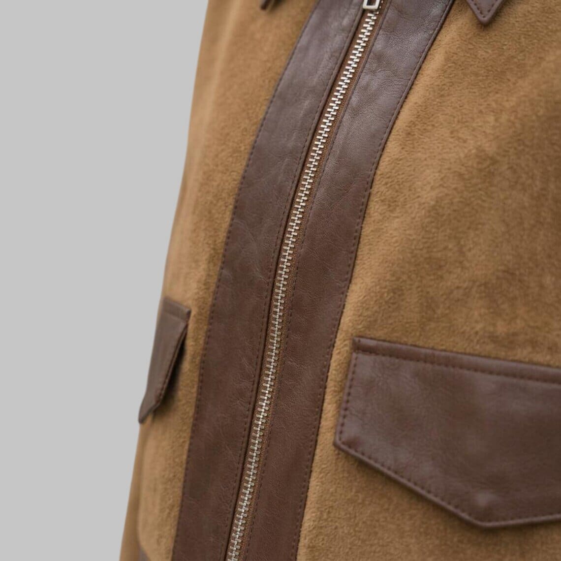 Detail View of Women's Tan Suede Leather Jacket with Contrast Brown Leather Trim