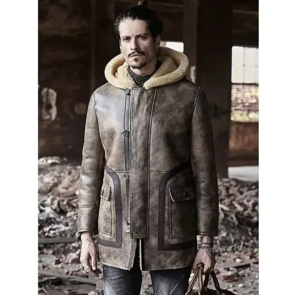Mens Waxed Sheepskin Leather Fur Coat with Hood