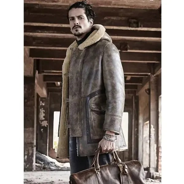 Men's Waxed Sheepskin Leather Fur Coat with Hood