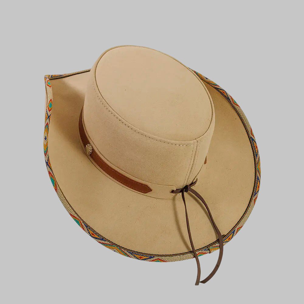 Beige wide-brimmed hat with decorative band on a light gray background