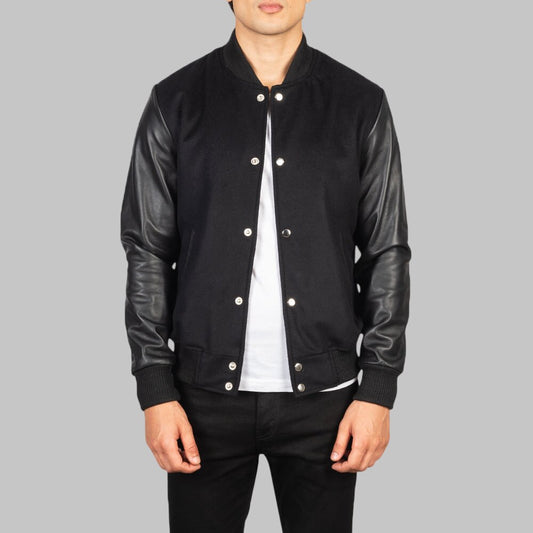 Men Black Hybrid Wool and Leather Varsity Bomber Jacket