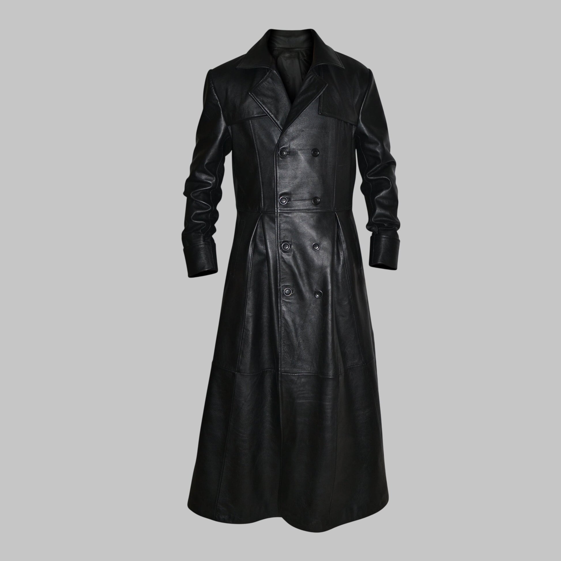 Men Black Slim Fit Genuine Leather Double Breasted Trench Coat