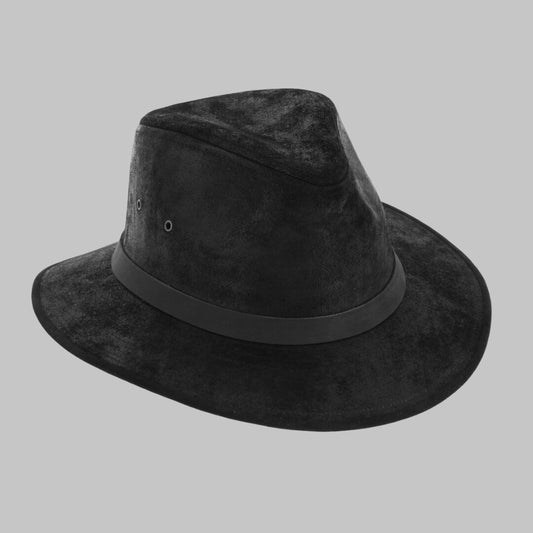 Black fedora hat with a wide brim on a gray background