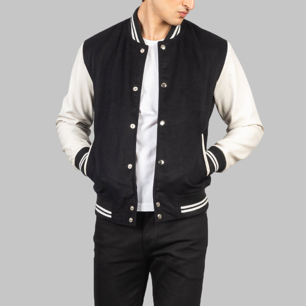 Men Black & White Hybrid Varsity Jacket