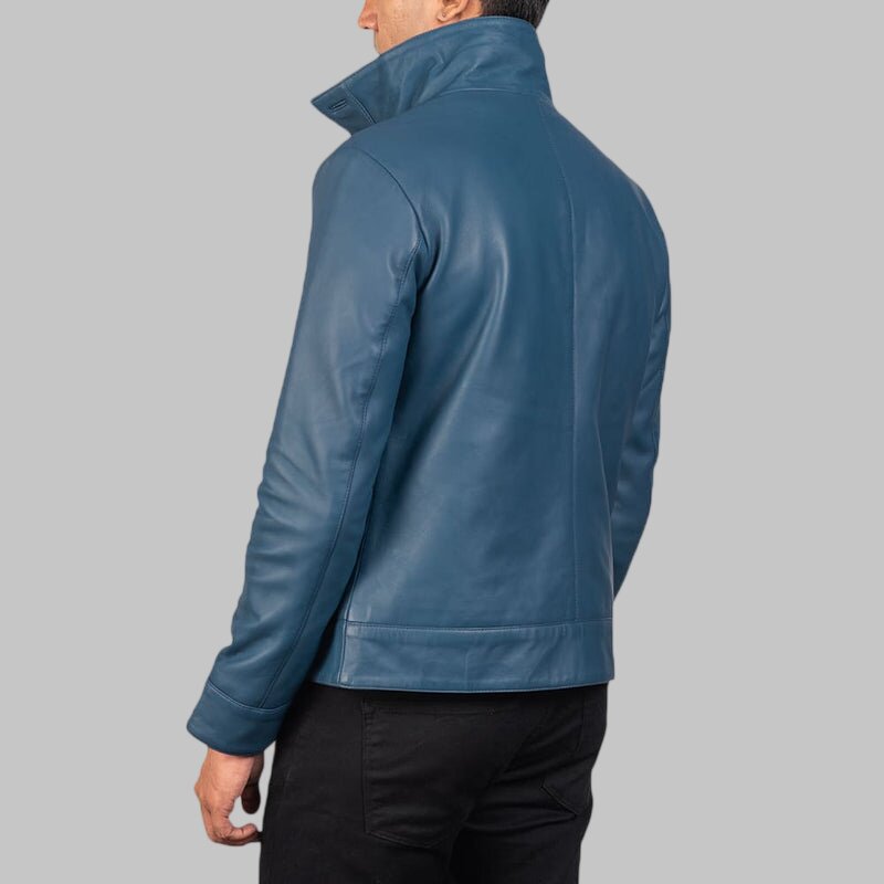 Men Blue Leather Bomber Jacket with High Collar and Flap Pockets
