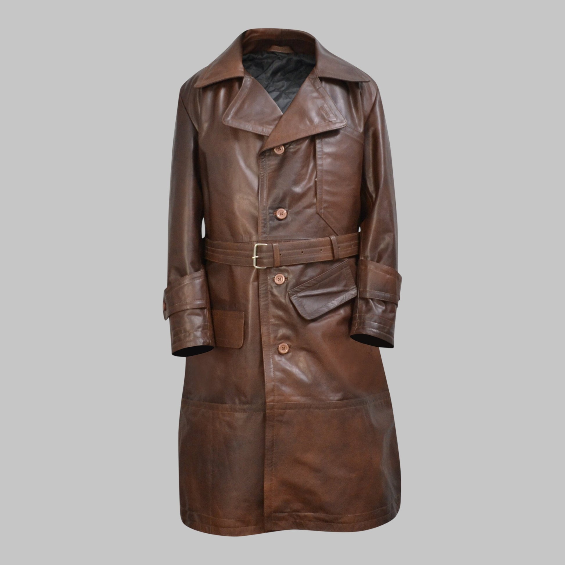Men Brown Leather World War 1 Style Trench Coat