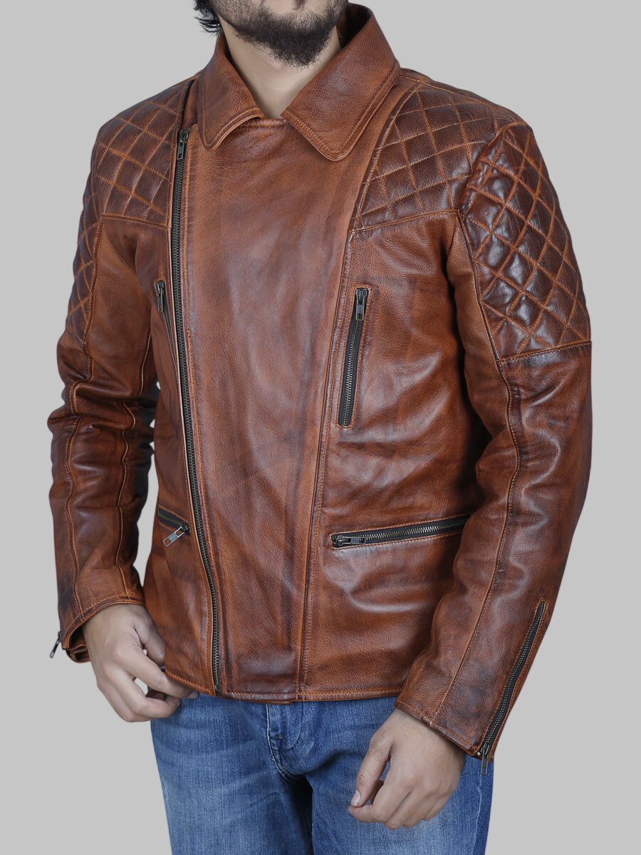 Men Brown Vintage Distressed Leather Biker Jacket