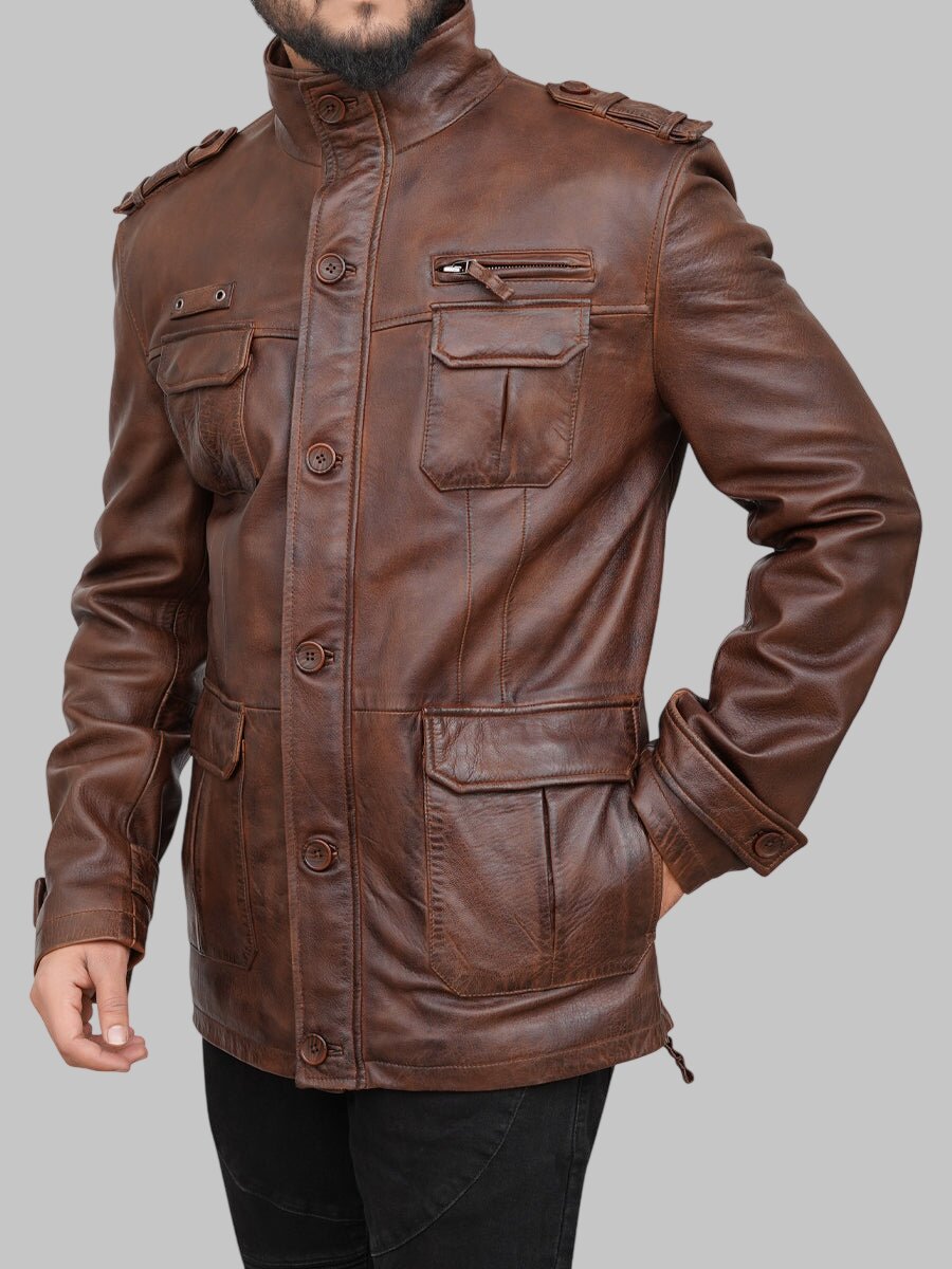 Men Distressed Brown Leather Field Jacket