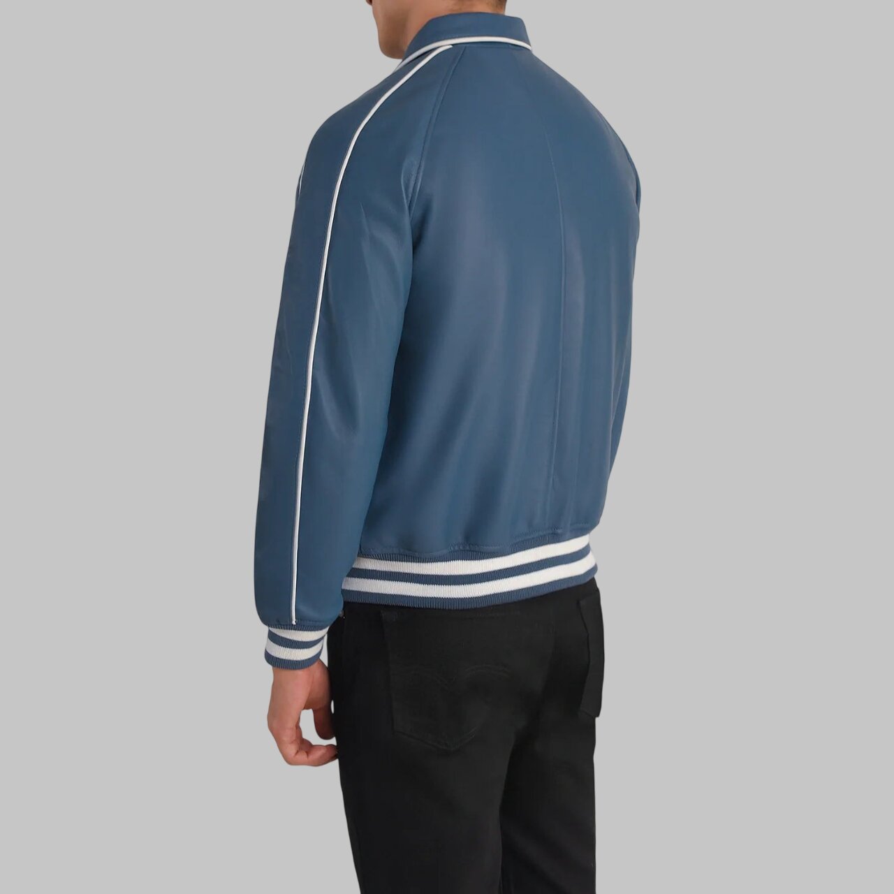 Men Light Blue Leather Varsity Jacket