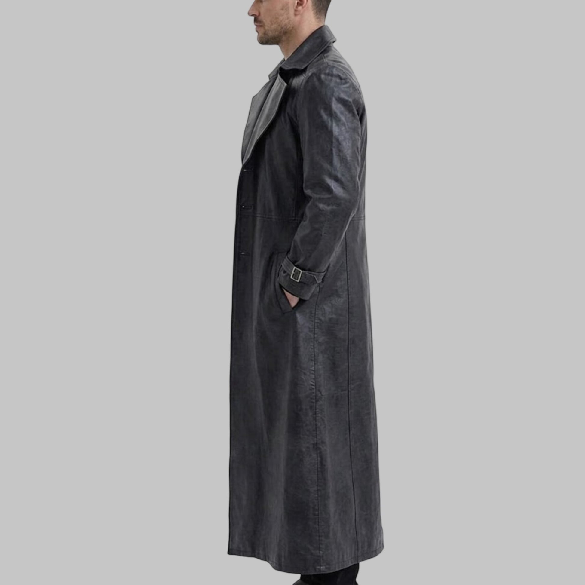 Men Premium Black Leather Long Trench Coat