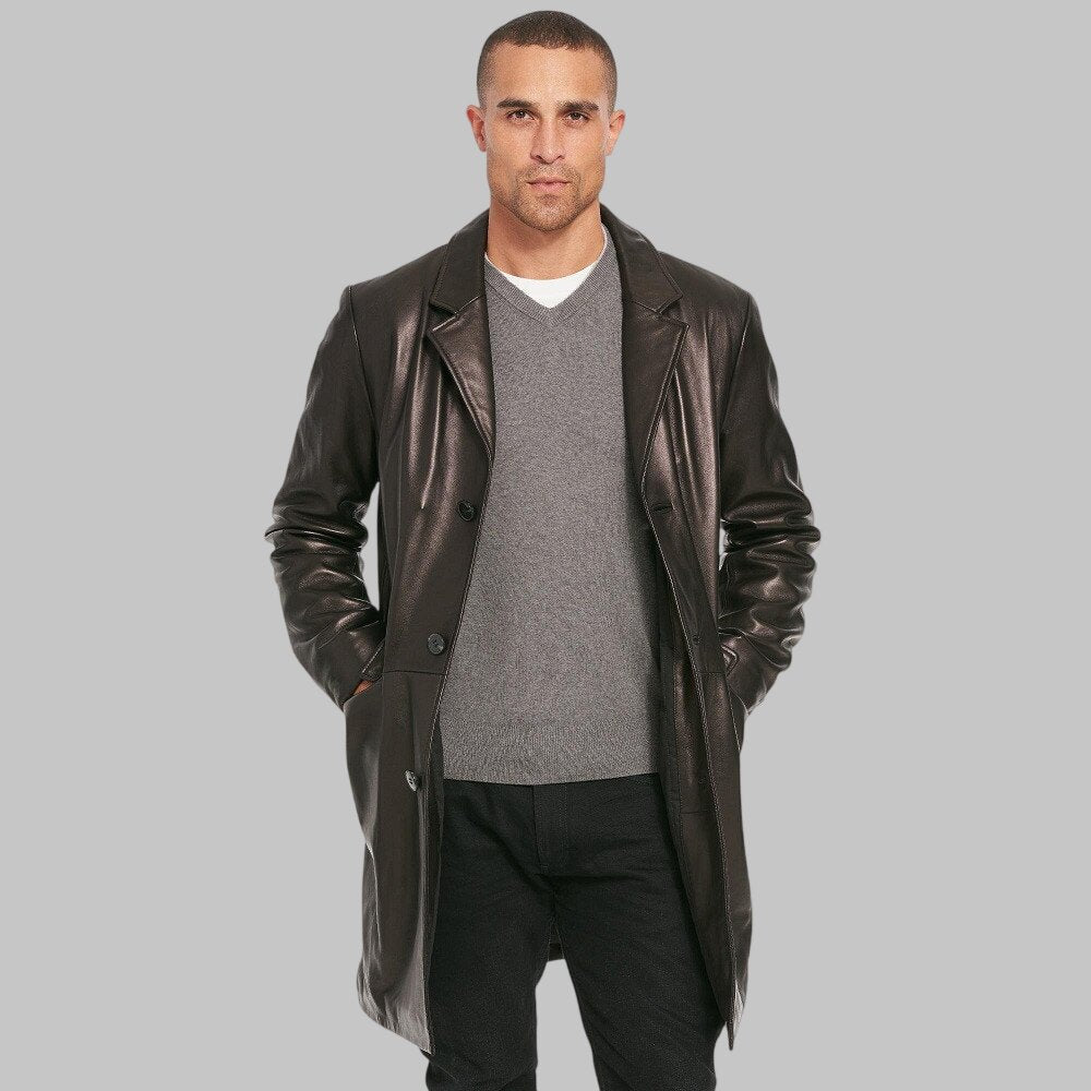 Men Stylish Black Leather Trench Coat