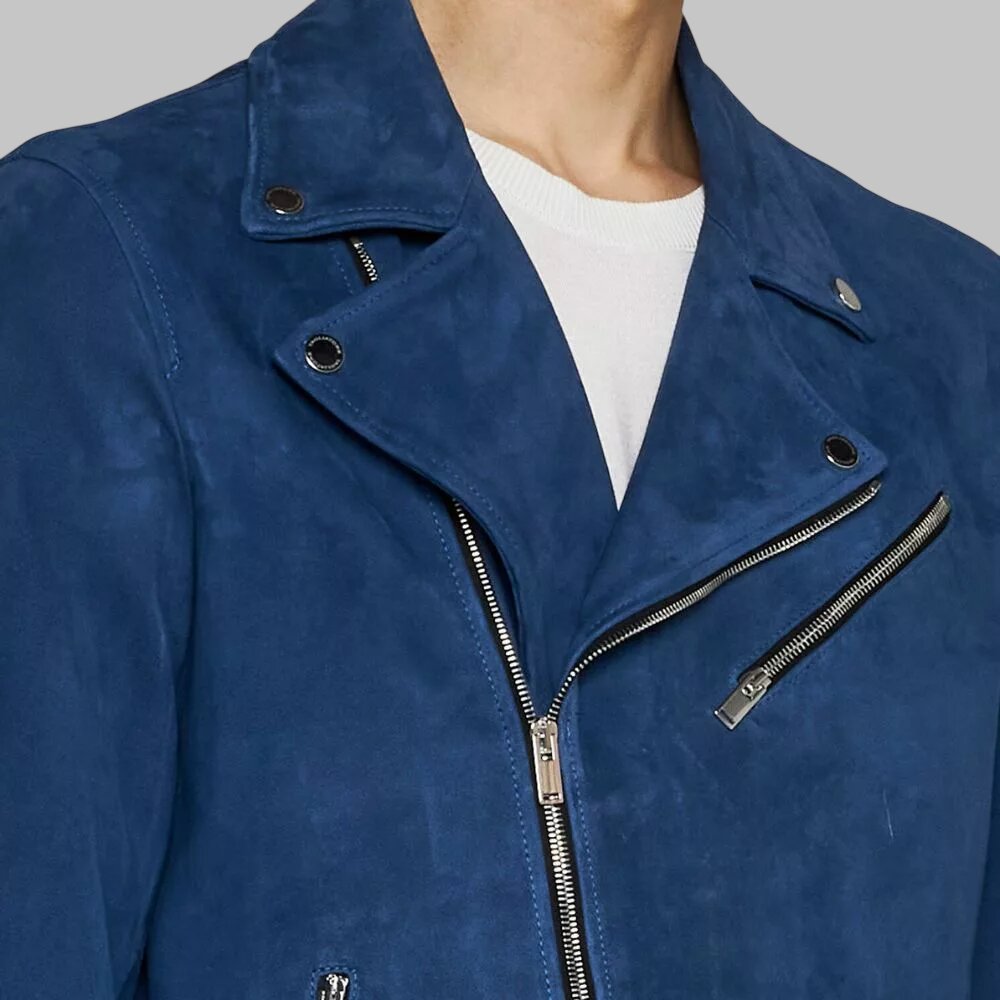 Men Stylish Blue Suede Leather Biker Jacket