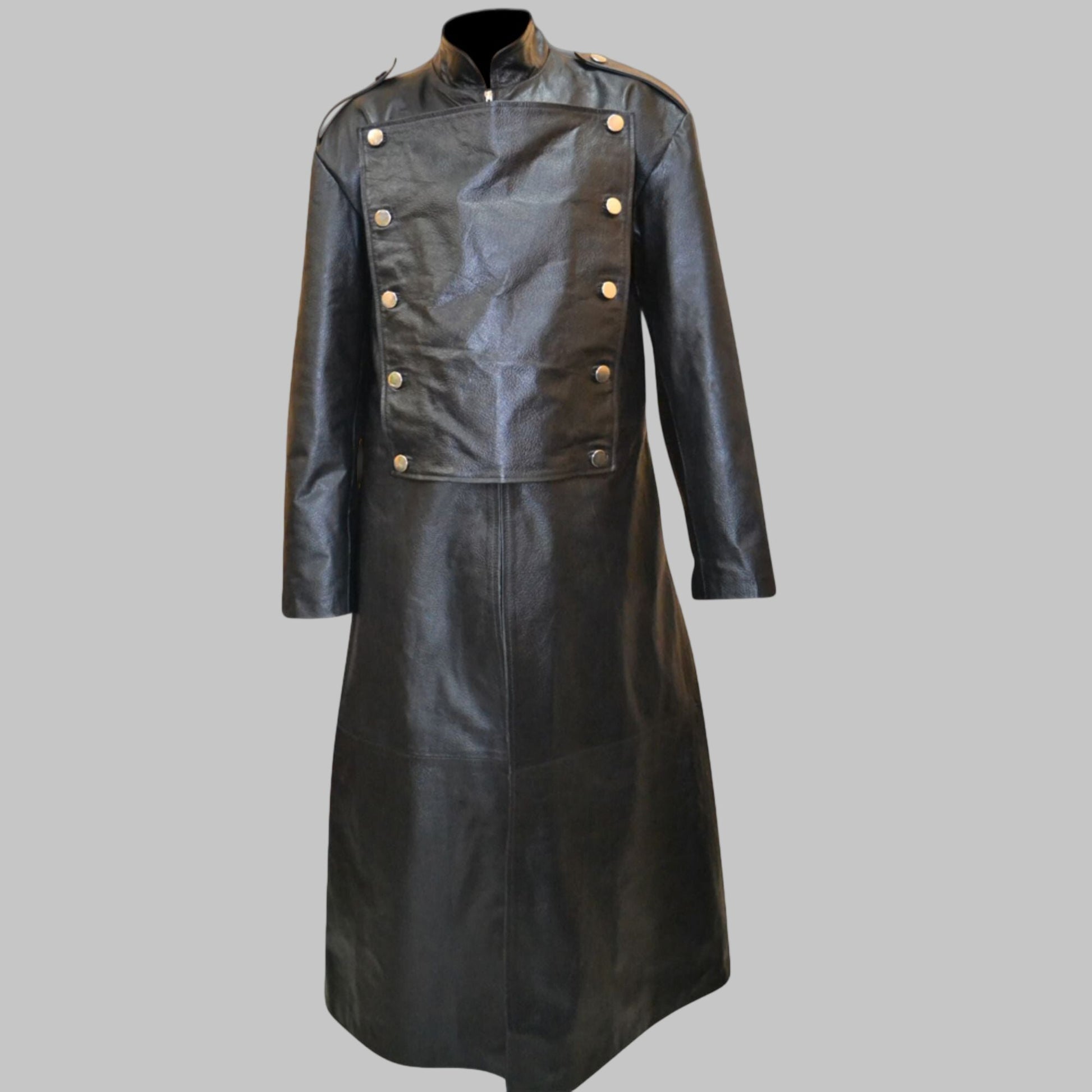 Men's Black Imperial Military Style Genuine Leather Trench Coat