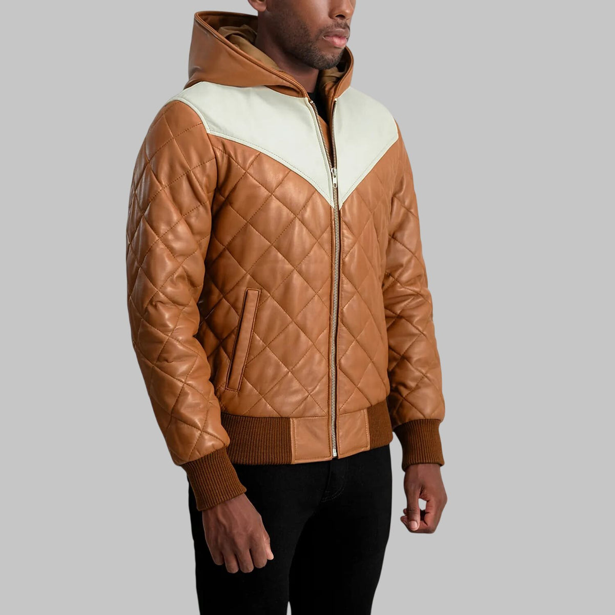 Men's Brown Hooded Quilted Leather Bomber Jacket