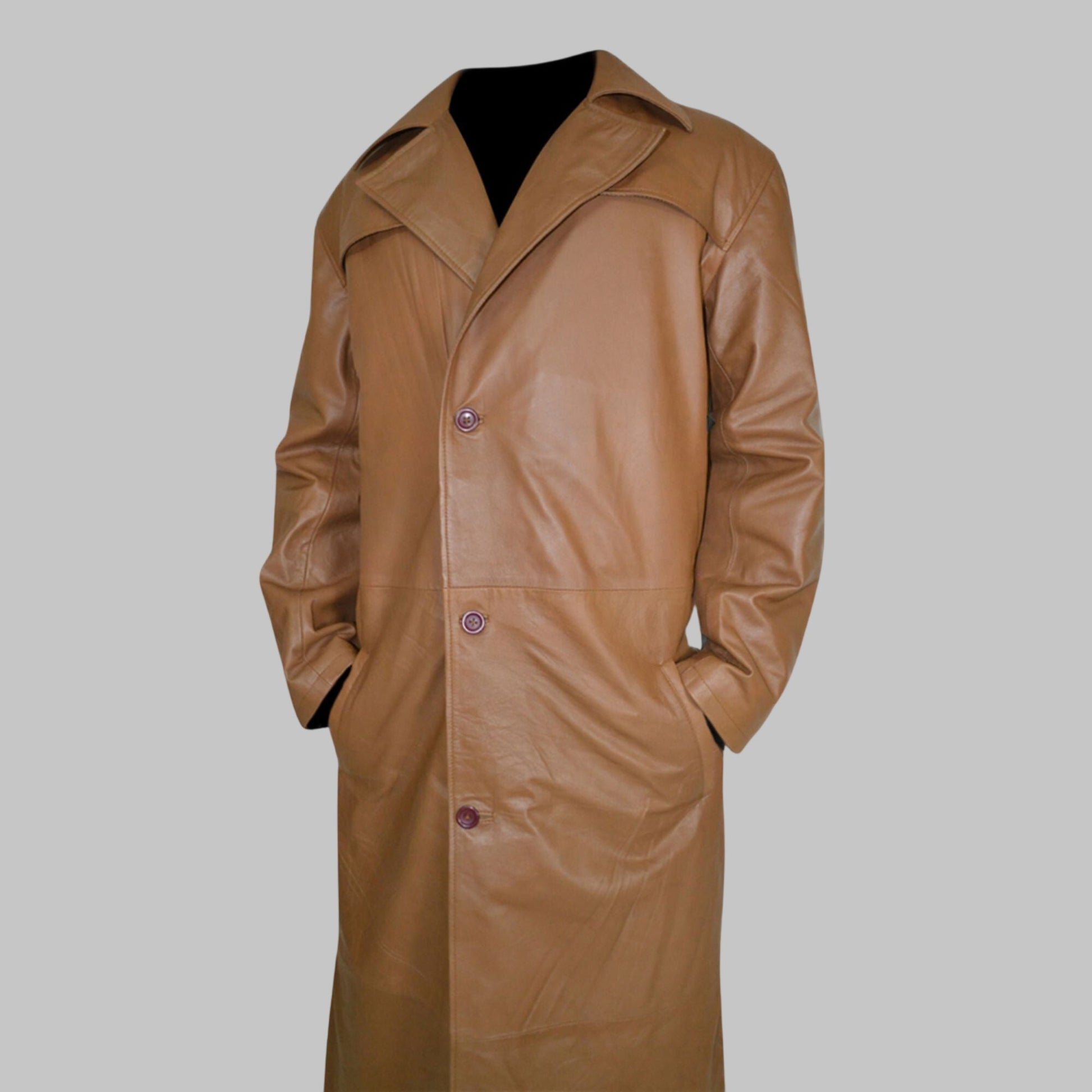 Men's Classic Light Brown Genuine Leather Trench Coat