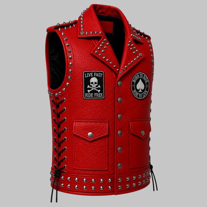 Men's Red Studded Leather Biker Vest with Side Lace and Patches
