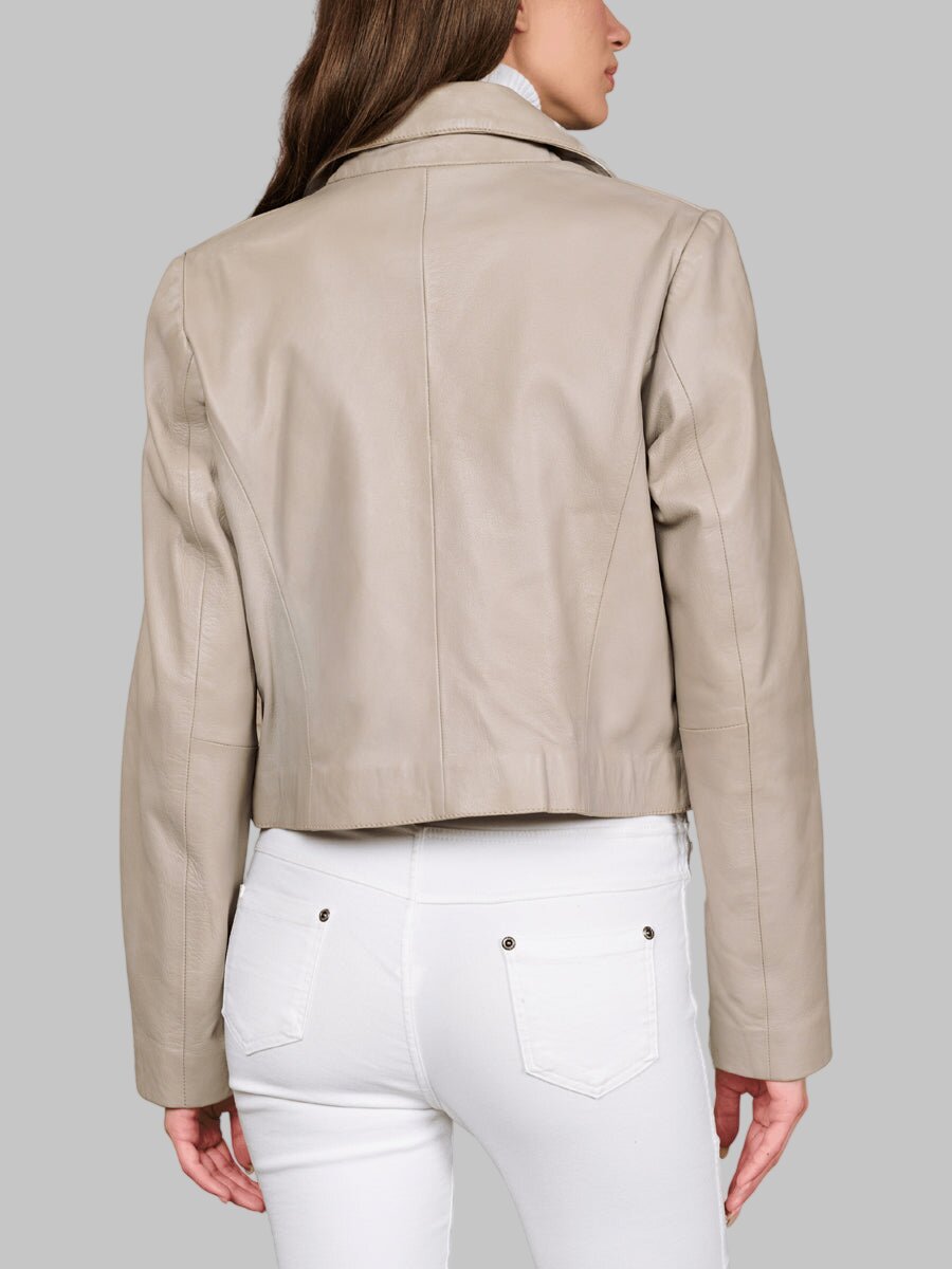 Women Beige Cropped Leather Biker Jacket