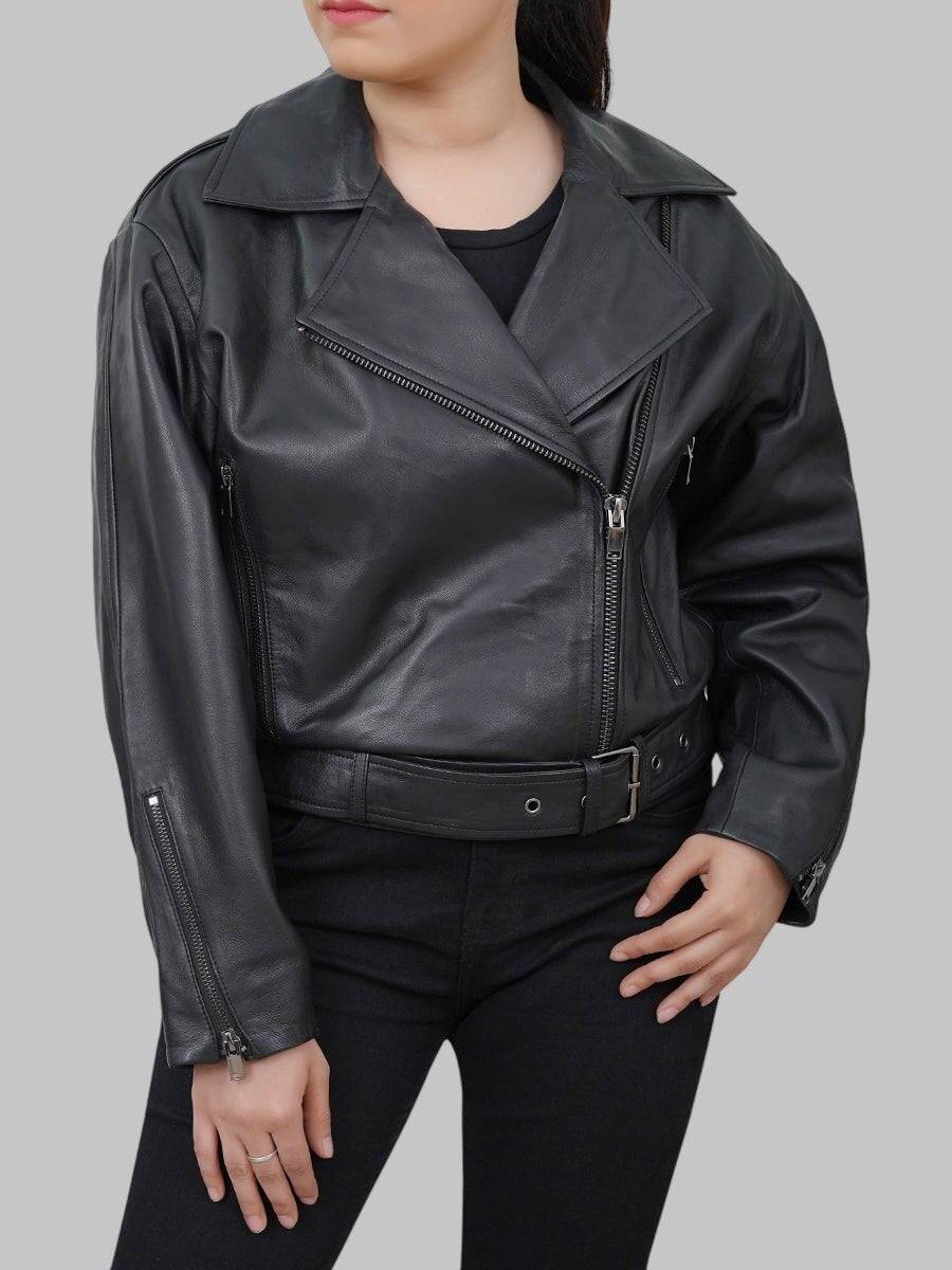 Women Black Cropped Leather Motorcycle Jacket
