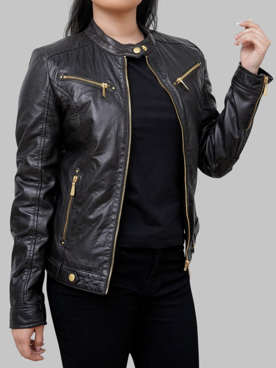Women Black Leather Biker Jacket with Gold Tone Zippers