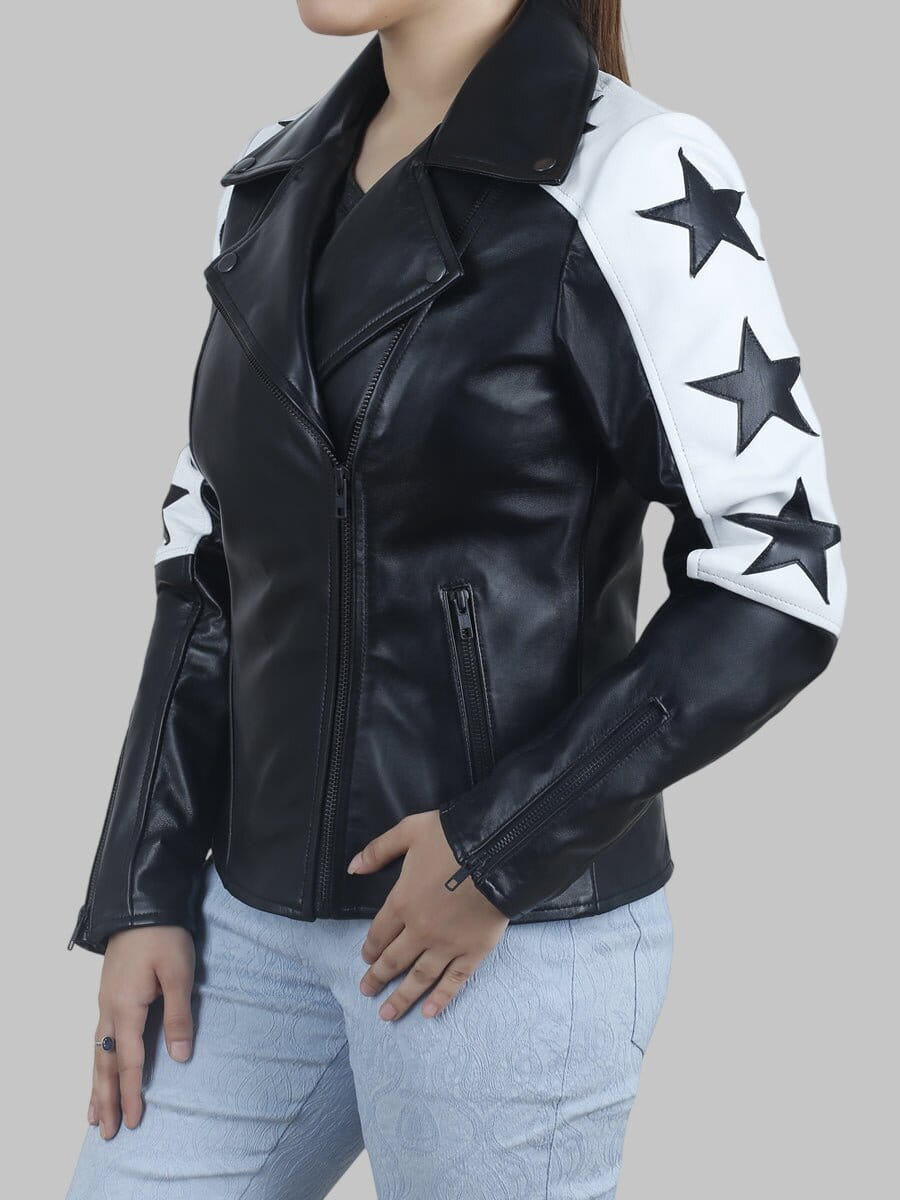 Women Black Leather Biker Jacket with Star Patches