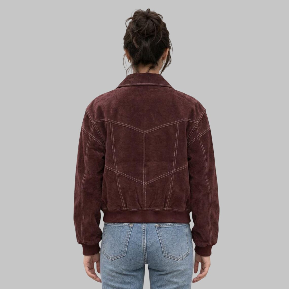 Back View of Women Burgundy Suede Leather Bomber Jacket with Contrast Stitching