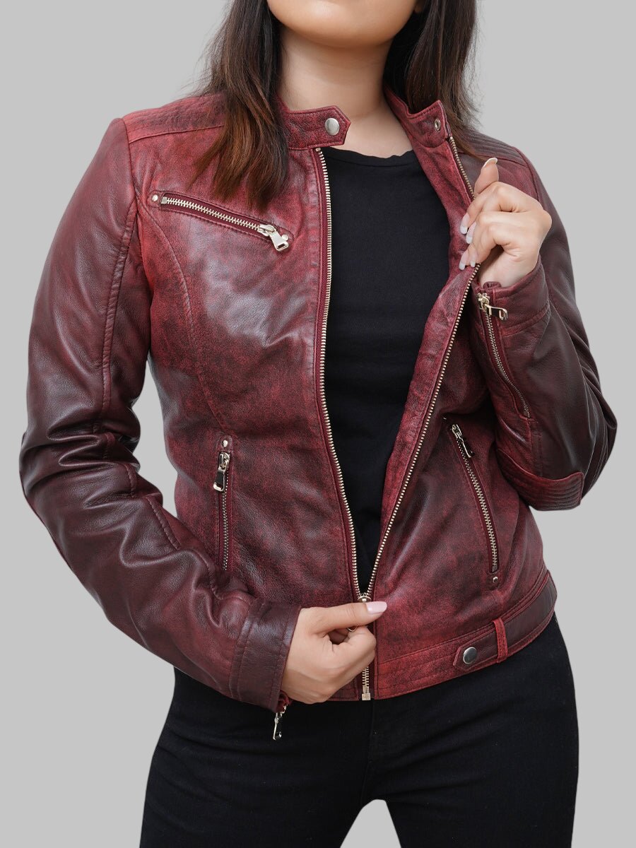 Women Distressed Maroon Leather Biker Jacket