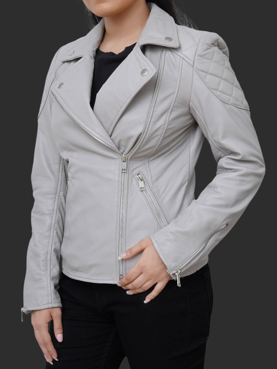 Women Quilted Grey Leather Biker Jacket