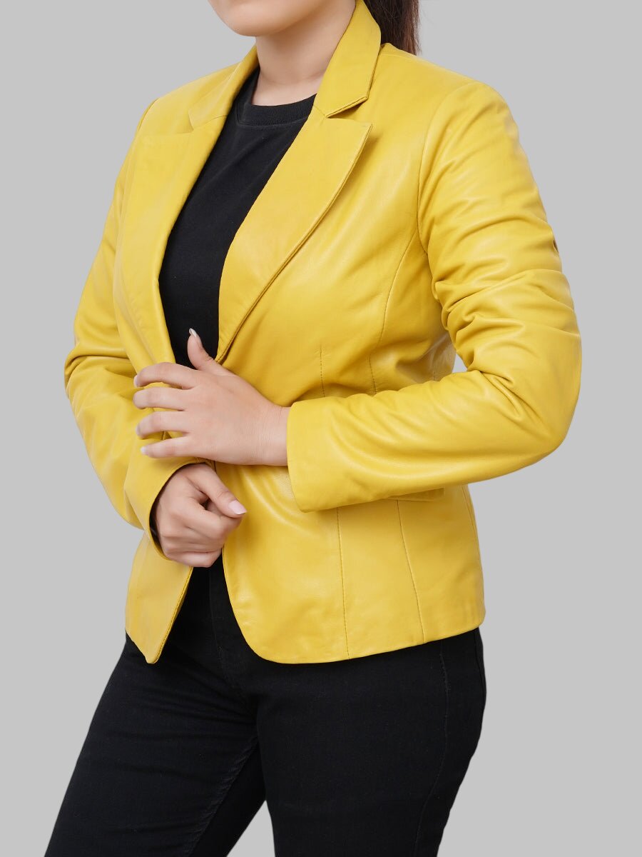 Women Trendy Yellow Leather Blazer