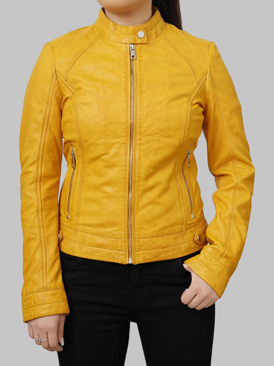 Women Trendy Yellow Leather Motorcycle Jacket