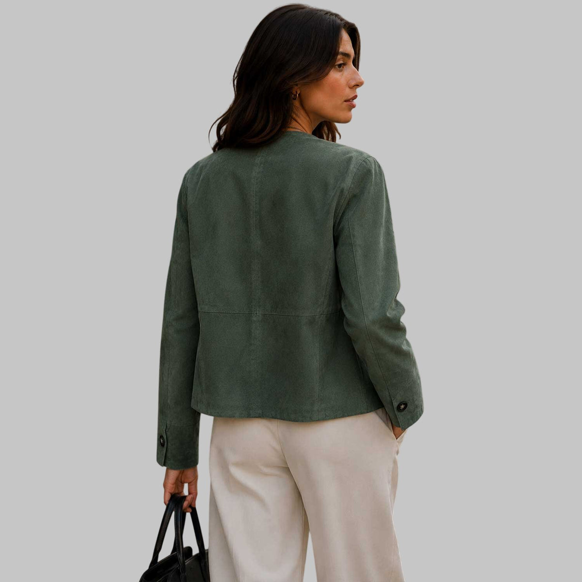Women's Collarless Sage Green Suede Leather Jacket