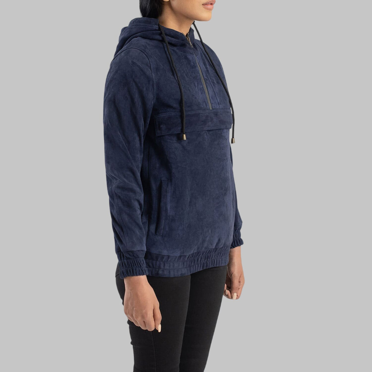 Women's Navy Blue Suede Leather Hooded Pullover Jacket
