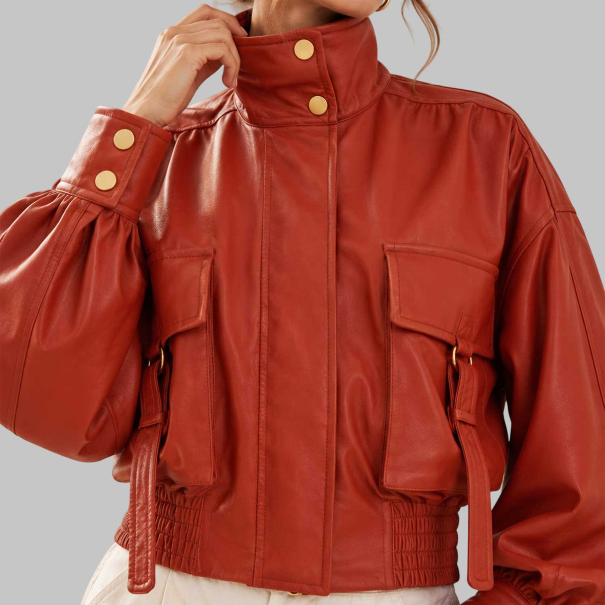 Women's Oversized Rust Orange Leather Bomber Jacket