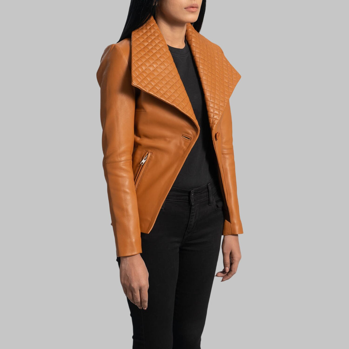 Women's Tan Leather Blazer with Quilted Wide Lapel