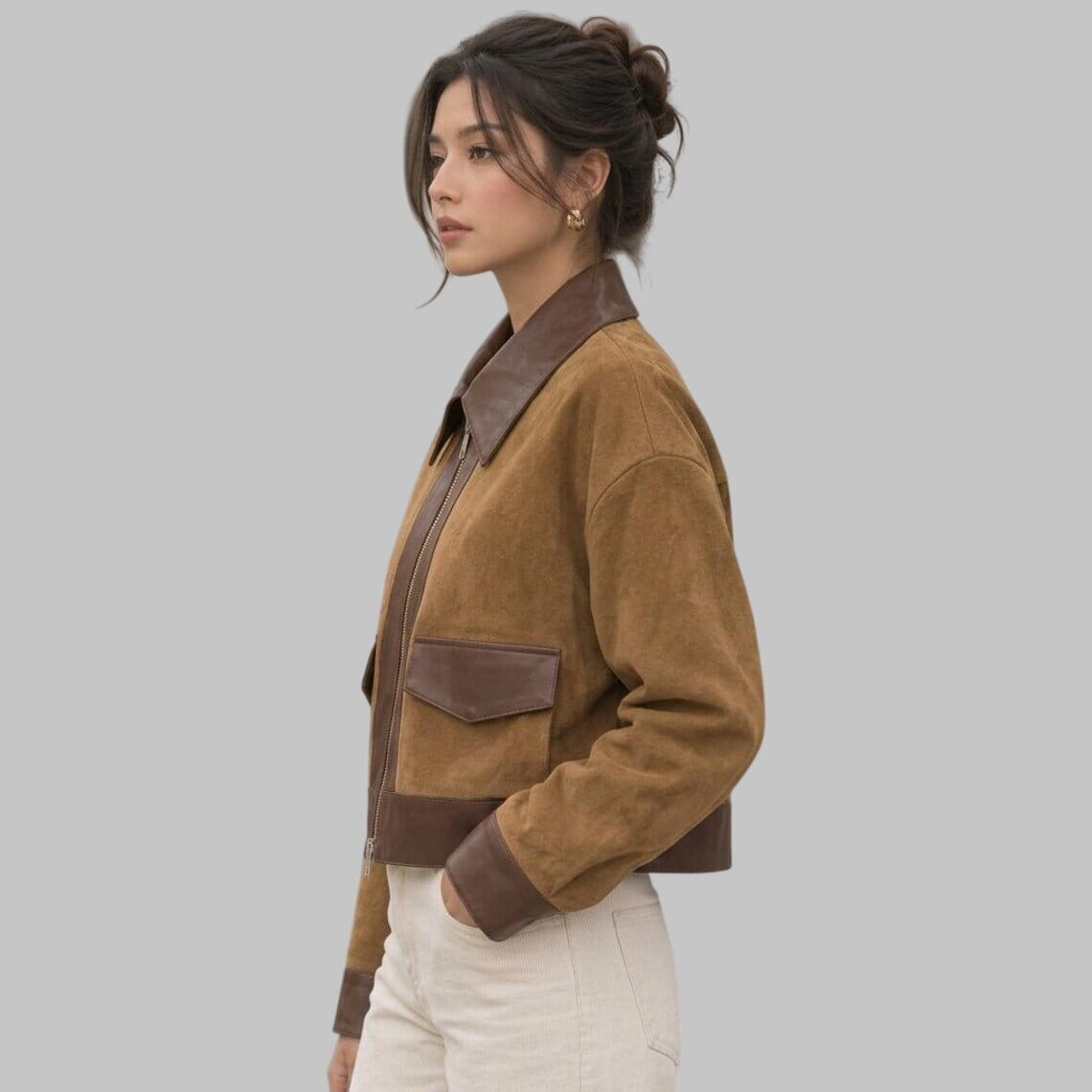 Side view of Women's Tan Suede Leather Jacket with Contrast Brown Leather Trim