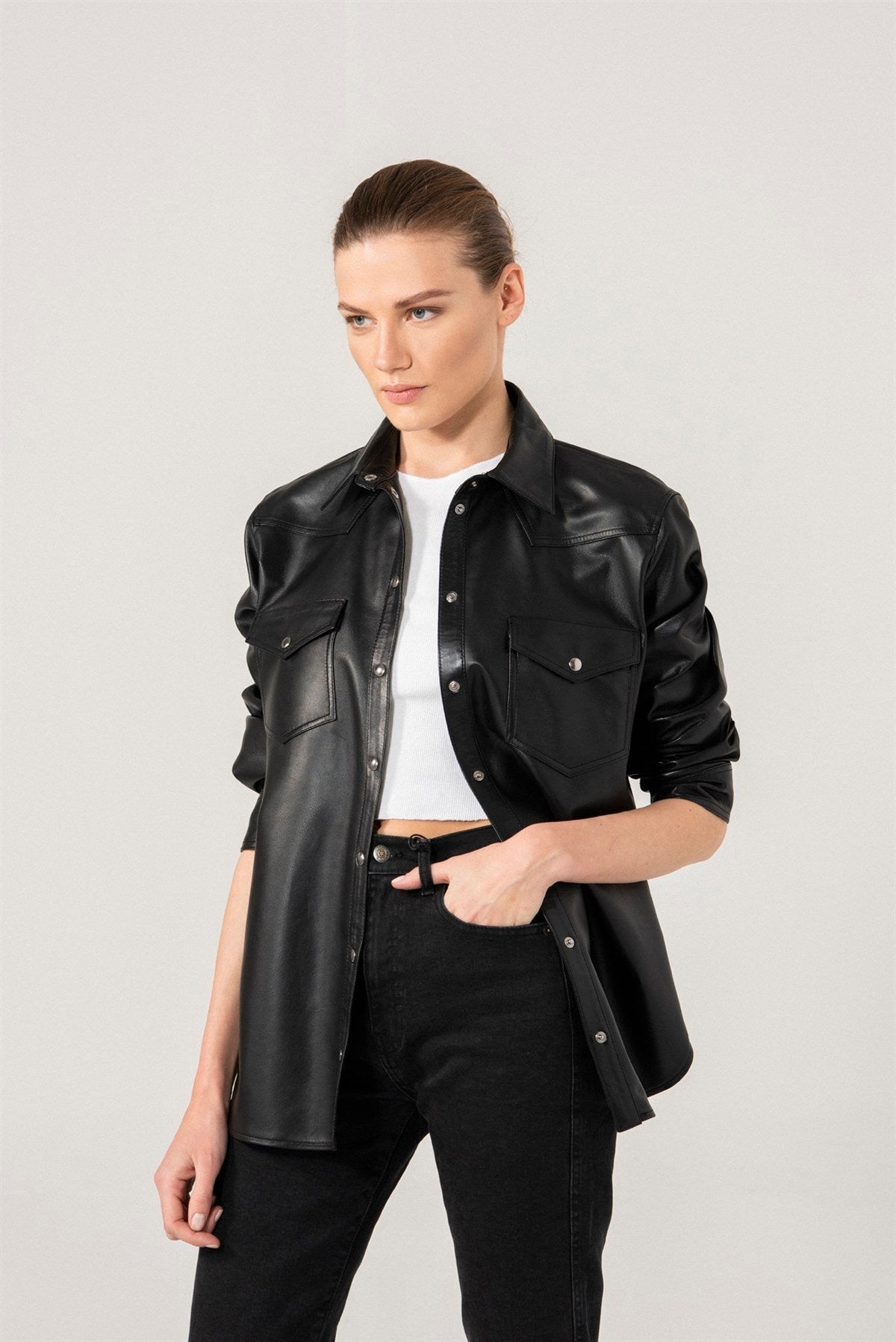 Women's Stylish Black Leather Shirt Jacket