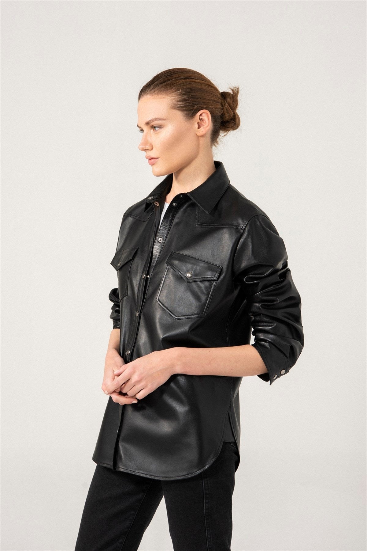 Women's Stylish Black Leather Shirt Jacket
