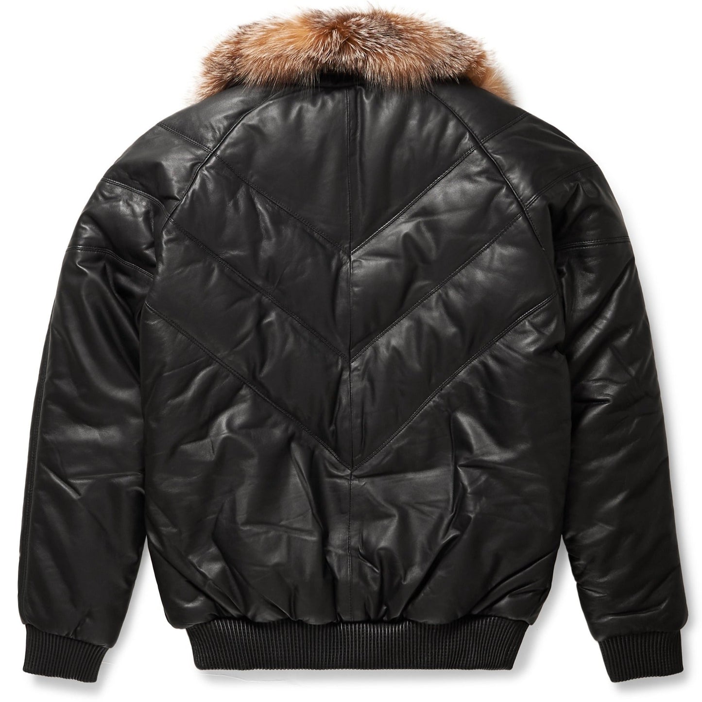 V-Bomber Jacket Black Leather w/ Crystal Fox Fur