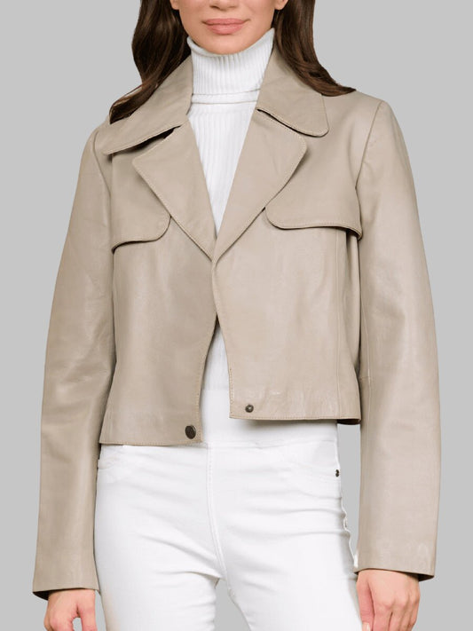 Women Beige Cropped Leather Biker Jacket