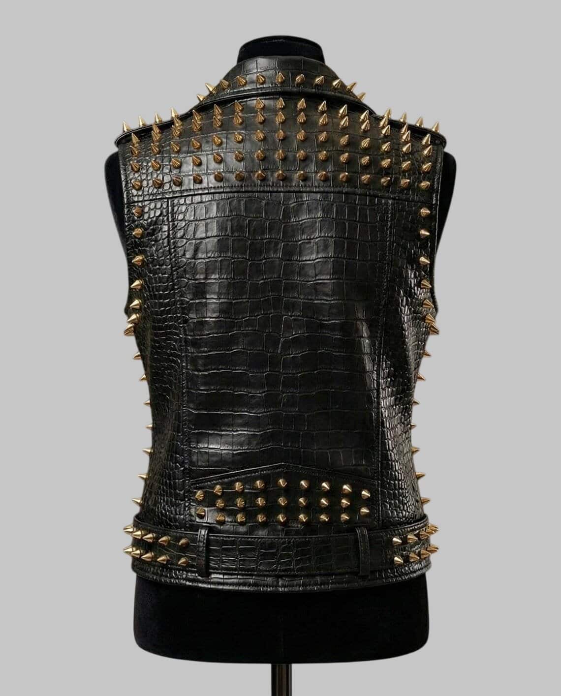 Back View of Women Black Crocodile Embossed Studded Leather Biker Vest