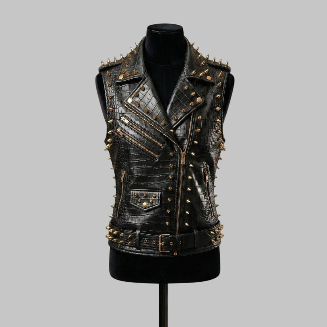 Front View of Women Black Crocodile Embossed Studded Leather Biker Vest