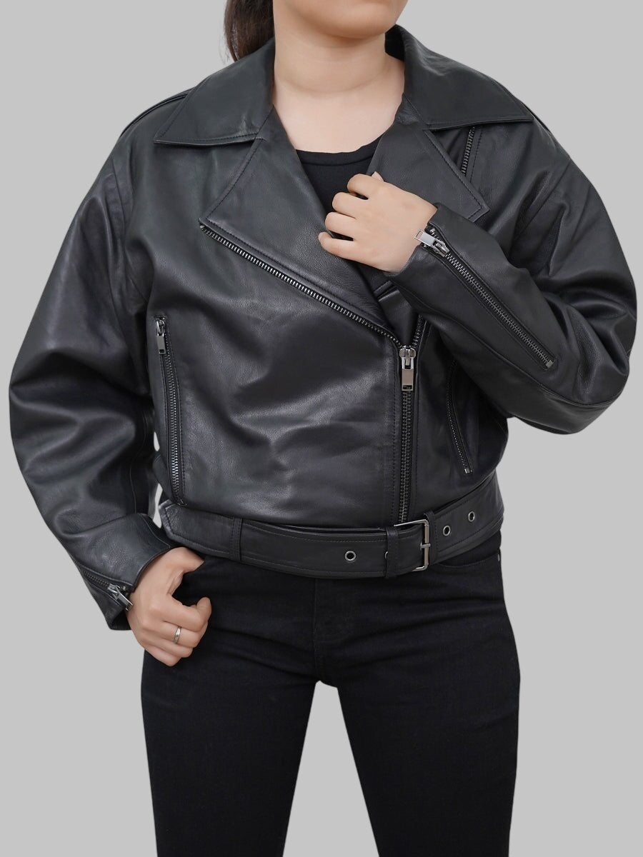 Women Black Cropped Leather Motorcycle Jacket