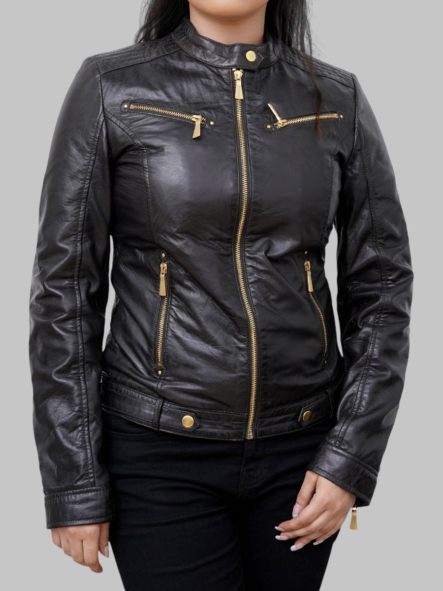 Women Black Leather Biker Jacket with Gold Tone Zippers