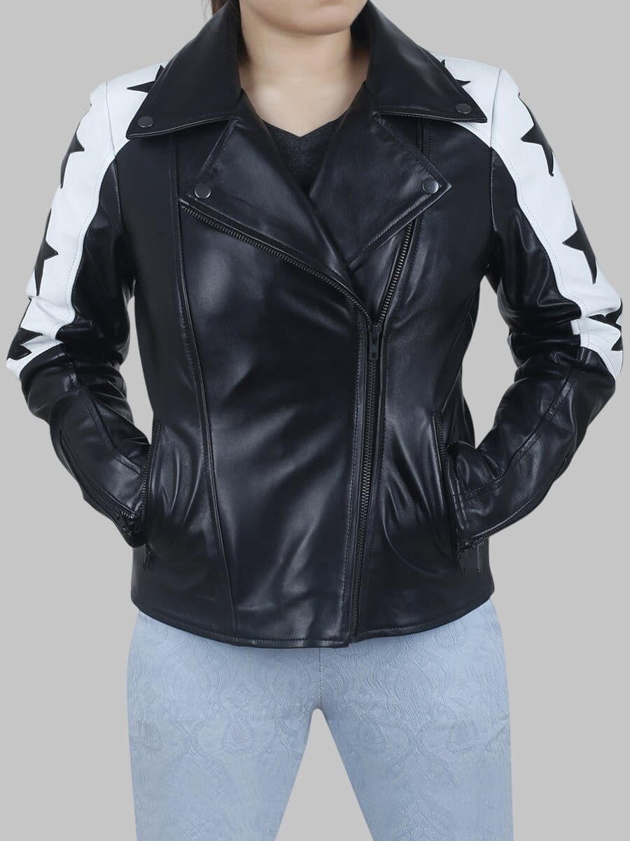 Women Black Leather Biker Jacket with Star Patches