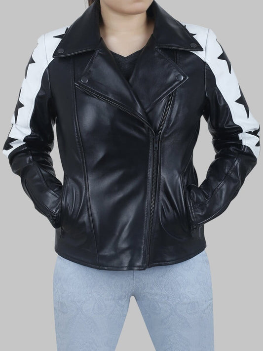 Women Black Leather Biker Jacket with Star Patches