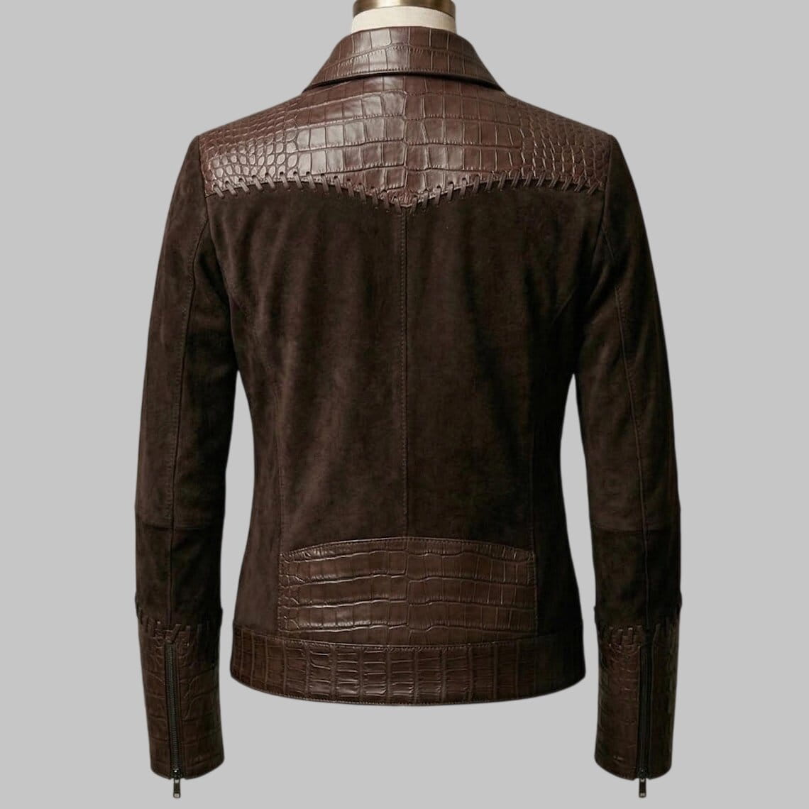 Back View of Women Brown Crocodile Embossed Leather Suede Jacket