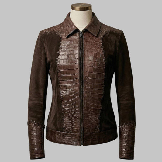 Front View of Women Brown Crocodile Embossed Leather Suede Jacket